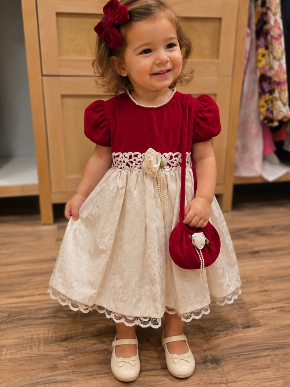 Vintage Girls' Red and Cream Velvet Lace Party Dress with Matching Purse